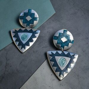 Silver-tone and Blue/Teal Geometric Drop Earrings